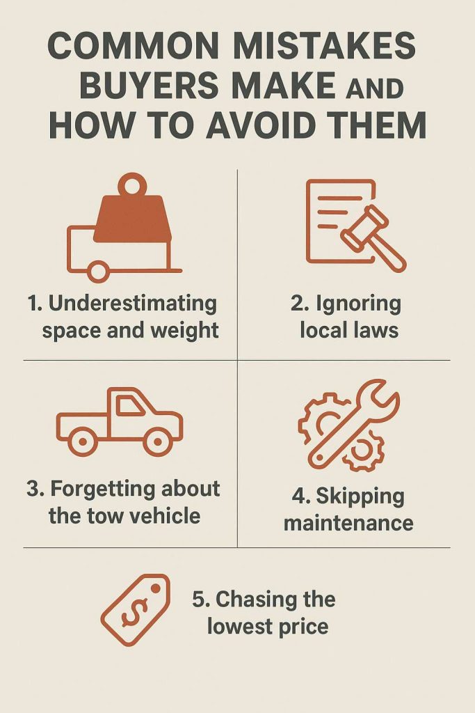 An infographic titled "COMMON MISTAKES BUYERS MAKE AND HOW TO AVOID THEM" listing five common mistakes in four panels with icons. The mistakes are: 1. Underestimating space and weight (icon of a truck with a box on top), 2. Ignoring local laws (icon of a gavel and legal document), 3. Forgetting about the tow vehicle (icon of a pickup truck), 4. Skipping maintenance (icon of a gear, wrench, and screwdriver), and 5. Chasing the lowest price (icon of a price tag with a dollar sign).