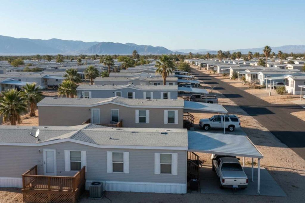 A wide-angle aerial photo of a desert mobile home park featuring double-wide manufactured homes with attached carports and small decks. The homes are closely spaced along a street, with palm trees and dry, mountainous terrain visible in the background.