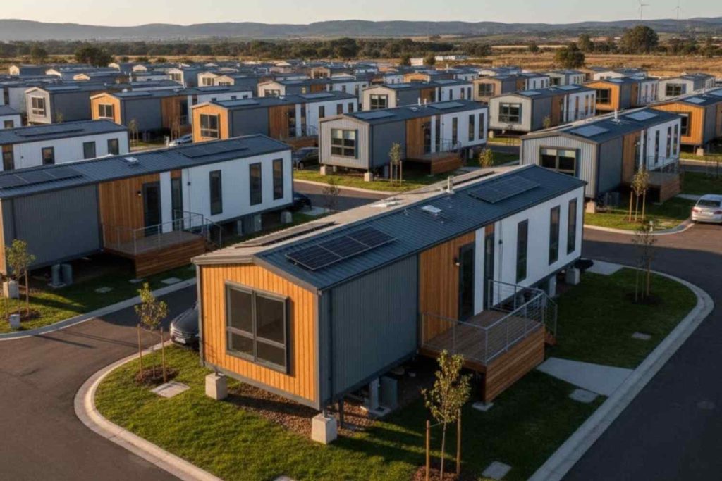 An aerial view of a modern mobile or manufactured home community with units featuring contemporary designs, including sleek metal and wood paneling, large windows, elevated foundations, and some with solar panels on the roof. The community has paved roads and landscaping.