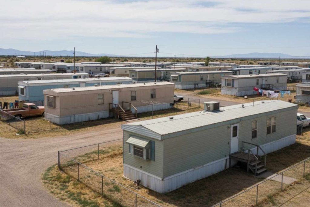 An aerial view of a somewhat arid, dusty mobile home park filled with single-wide manufactured homes. The homes are long, narrow, and basic, featuring light-colored siding, small windows, and simple wooden steps. A chain-link fence is visible in the foreground.
