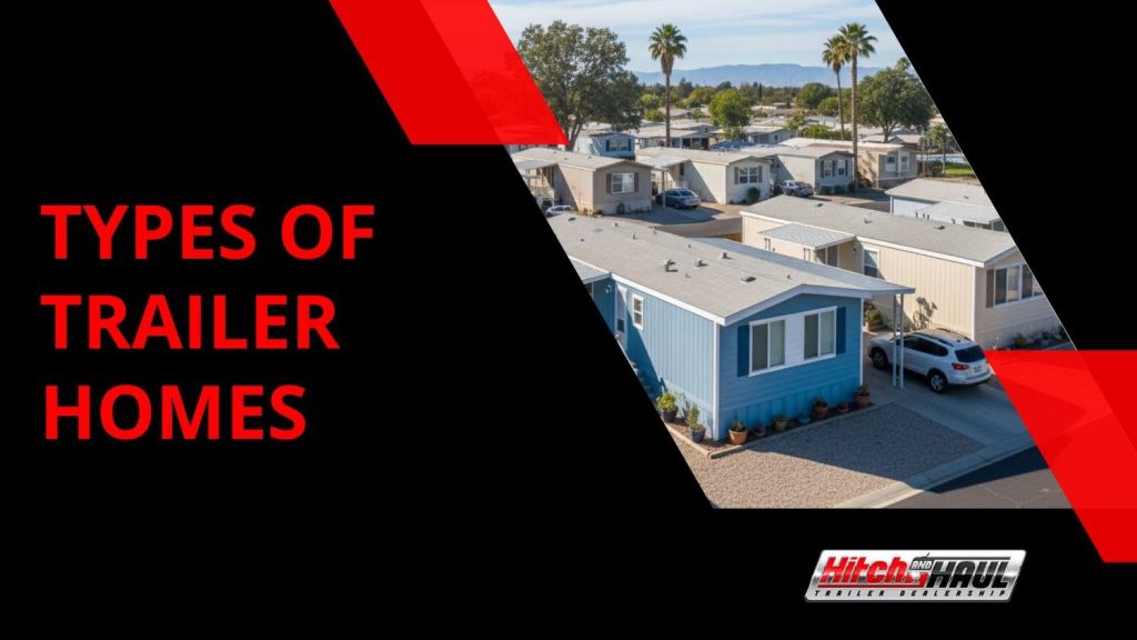 A graphic with the text "TYPES OF TRAILER HOMES" in large red and white letters overlaying a photograph of a mobile home park with several homes, palm trees, and a street. A company logo for "Hitch & Haul Trailer Dealership" is in the corner.